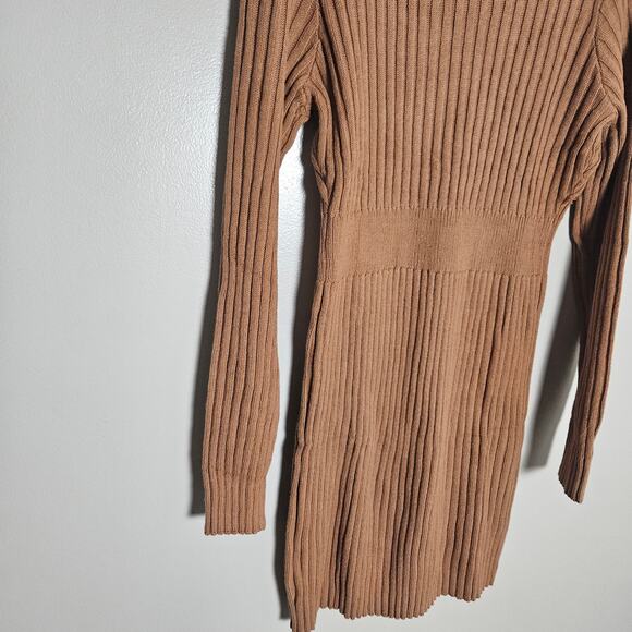 NWOT Light Brown Zipper Front Ribbed Mini Sweater Dress Sz Large - Picture 7 of 11